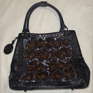 Original by Sharif Tote Leather Bag Beaded Brown Double Handle Large NWOT